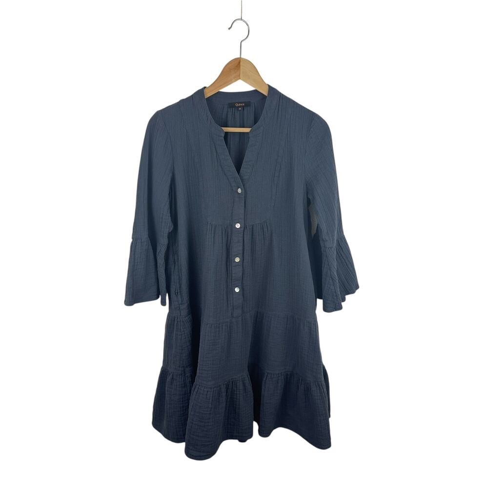Quince Navy Blue Tiered Button-Front Cotton Dress
